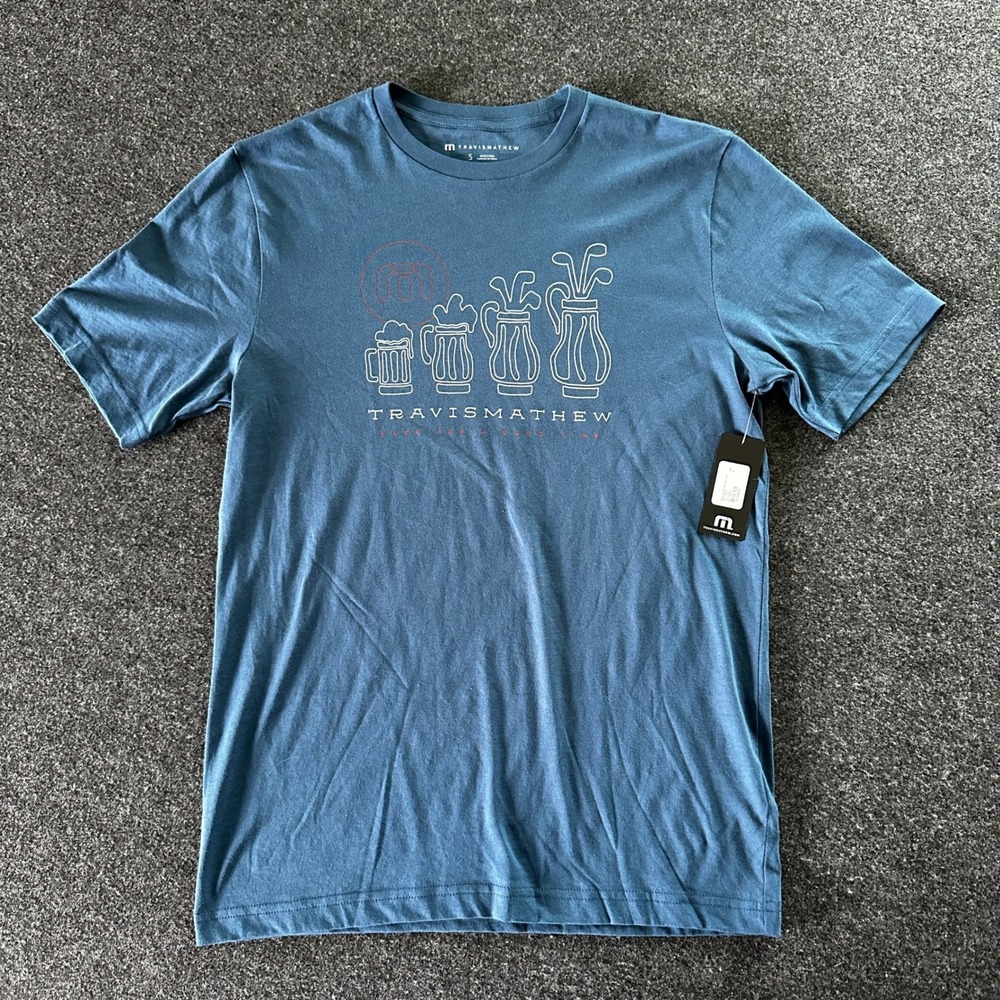 TravisMathew Beerly Beloved Tee Titan Blue Golf Graphic Shirt A42237 Mens S